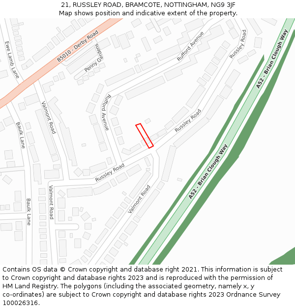 21, RUSSLEY ROAD, BRAMCOTE, NOTTINGHAM, NG9 3JF: Location map and indicative extent of plot