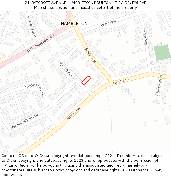 21, RYECROFT AVENUE, HAMBLETON, POULTON-LE-FYLDE, FY6 9AB: Location map and indicative extent of plot