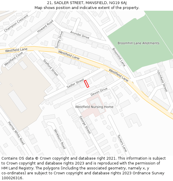 21, SADLER STREET, MANSFIELD, NG19 6AJ: Location map and indicative extent of plot
