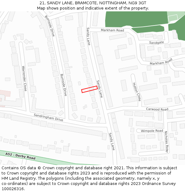 21, SANDY LANE, BRAMCOTE, NOTTINGHAM, NG9 3GT: Location map and indicative extent of plot