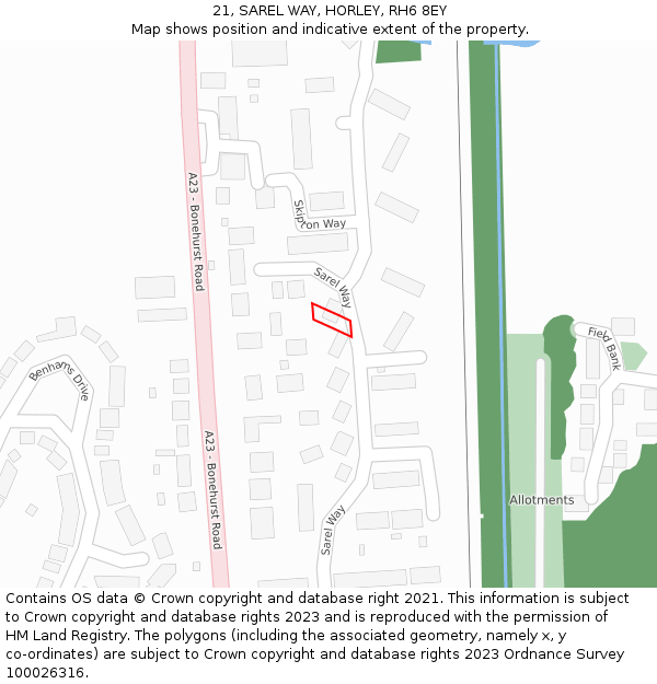 21, SAREL WAY, HORLEY, RH6 8EY: Location map and indicative extent of plot