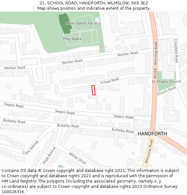 21, SCHOOL ROAD, HANDFORTH, WILMSLOW, SK9 3EZ: Location map and indicative extent of plot