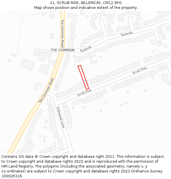 21, SCRUB RISE, BILLERICAY, CM12 9PG: Location map and indicative extent of plot