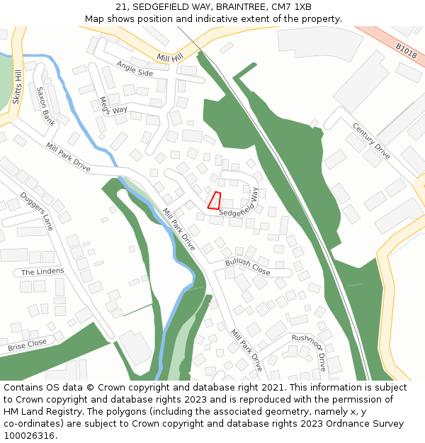 21, SEDGEFIELD WAY, BRAINTREE, CM7 1XB: Location map and indicative extent of plot