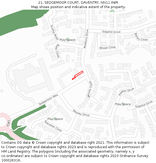 21, SEDGEMOOR COURT, DAVENTRY, NN11 0WR: Location map and indicative extent of plot