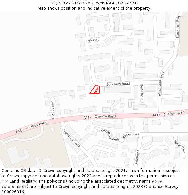 21, SEGSBURY ROAD, WANTAGE, OX12 9XP: Location map and indicative extent of plot