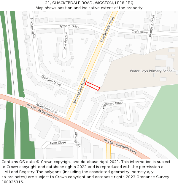 21, SHACKERDALE ROAD, WIGSTON, LE18 1BQ: Location map and indicative extent of plot