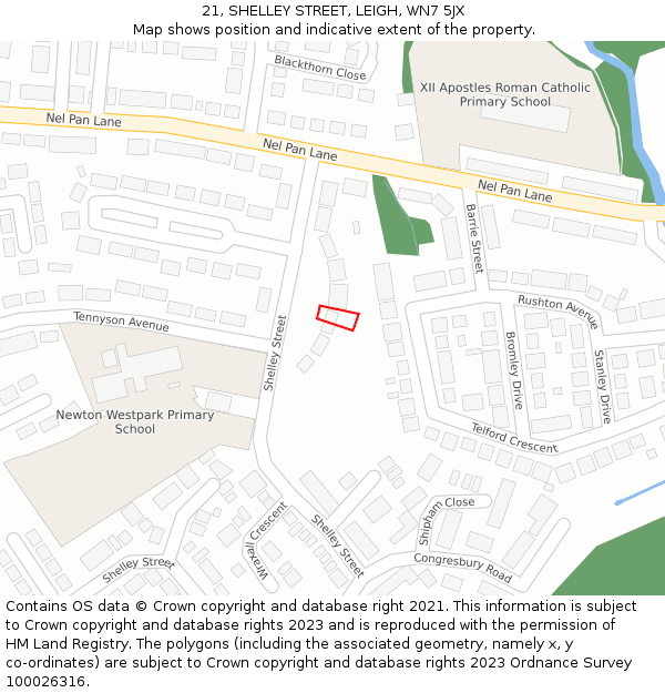 21, SHELLEY STREET, LEIGH, WN7 5JX: Location map and indicative extent of plot