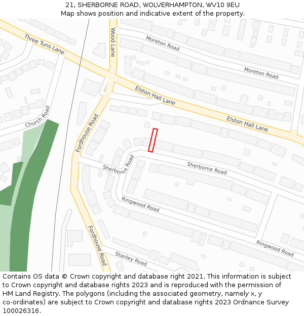 21, SHERBORNE ROAD, WOLVERHAMPTON, WV10 9EU: Location map and indicative extent of plot