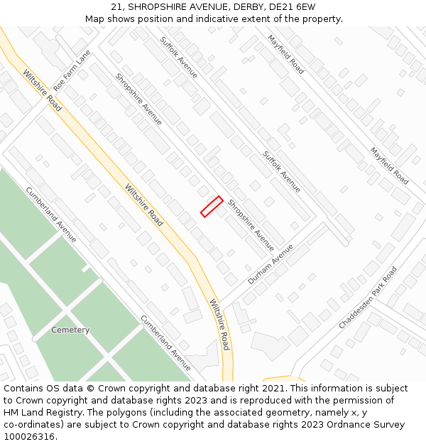 21, SHROPSHIRE AVENUE, DERBY, DE21 6EW: Location map and indicative extent of plot
