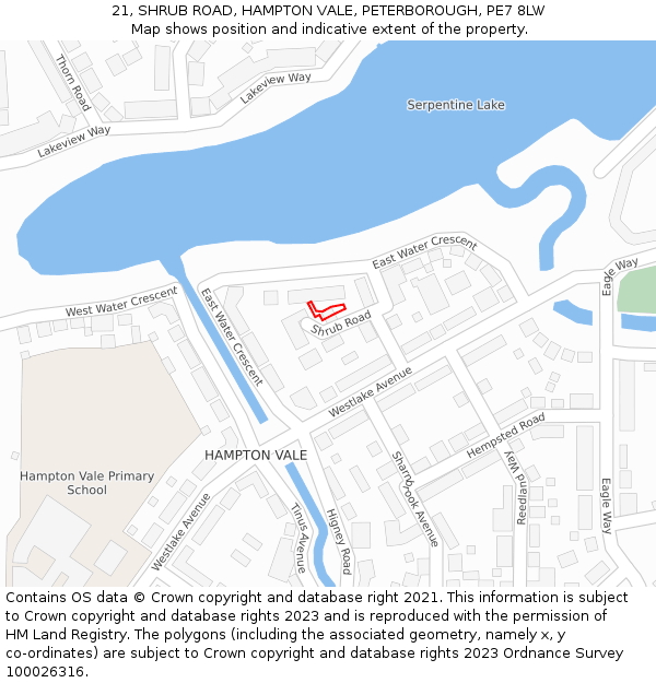 21, SHRUB ROAD, HAMPTON VALE, PETERBOROUGH, PE7 8LW: Location map and indicative extent of plot