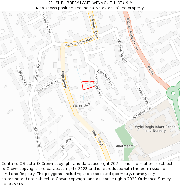 21, SHRUBBERY LANE, WEYMOUTH, DT4 9LY: Location map and indicative extent of plot