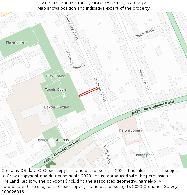 21, SHRUBBERY STREET, KIDDERMINSTER, DY10 2QZ: Location map and indicative extent of plot