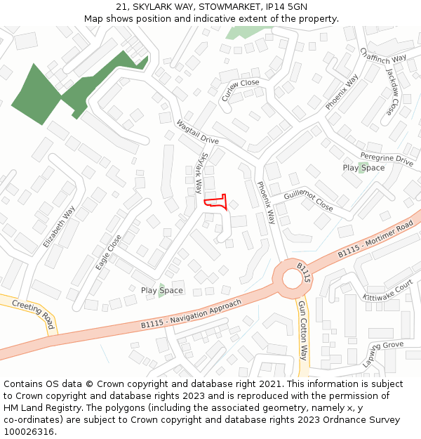 21, SKYLARK WAY, STOWMARKET, IP14 5GN: Location map and indicative extent of plot