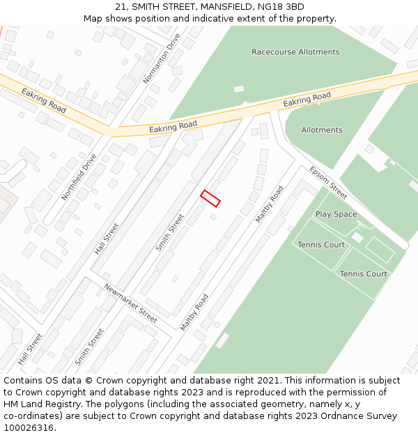 21, SMITH STREET, MANSFIELD, NG18 3BD: Location map and indicative extent of plot