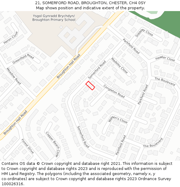 21, SOMERFORD ROAD, BROUGHTON, CHESTER, CH4 0SY: Location map and indicative extent of plot