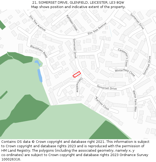21, SOMERSET DRIVE, GLENFIELD, LEICESTER, LE3 8QW: Location map and indicative extent of plot