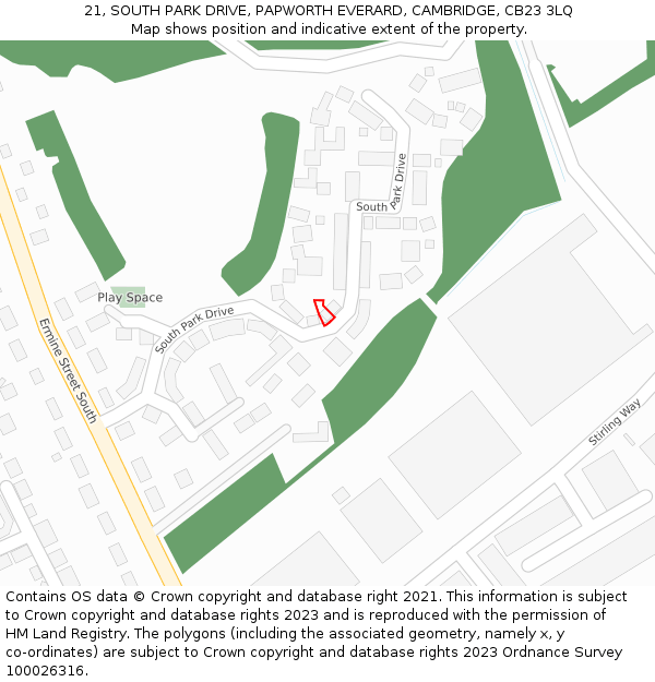 21, SOUTH PARK DRIVE, PAPWORTH EVERARD, CAMBRIDGE, CB23 3LQ: Location map and indicative extent of plot