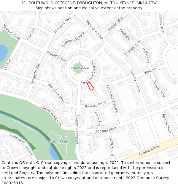 21, SOUTHWOLD CRESCENT, BROUGHTON, MILTON KEYNES, MK10 7BW: Location map and indicative extent of plot