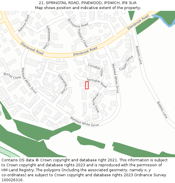 21, SPRINGTAIL ROAD, PINEWOOD, IPSWICH, IP8 3UA: Location map and indicative extent of plot