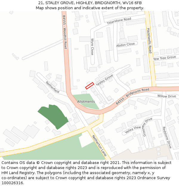 21, STALEY GROVE, HIGHLEY, BRIDGNORTH, WV16 6FB: Location map and indicative extent of plot