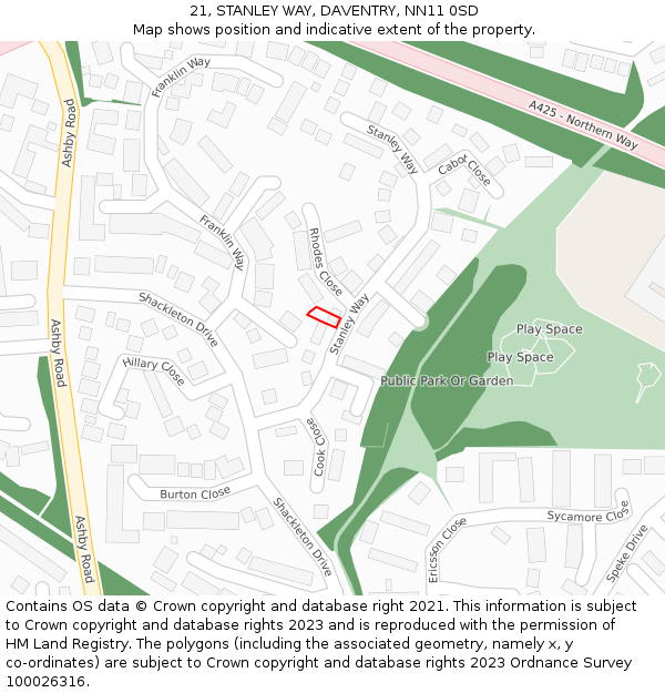 21, STANLEY WAY, DAVENTRY, NN11 0SD: Location map and indicative extent of plot