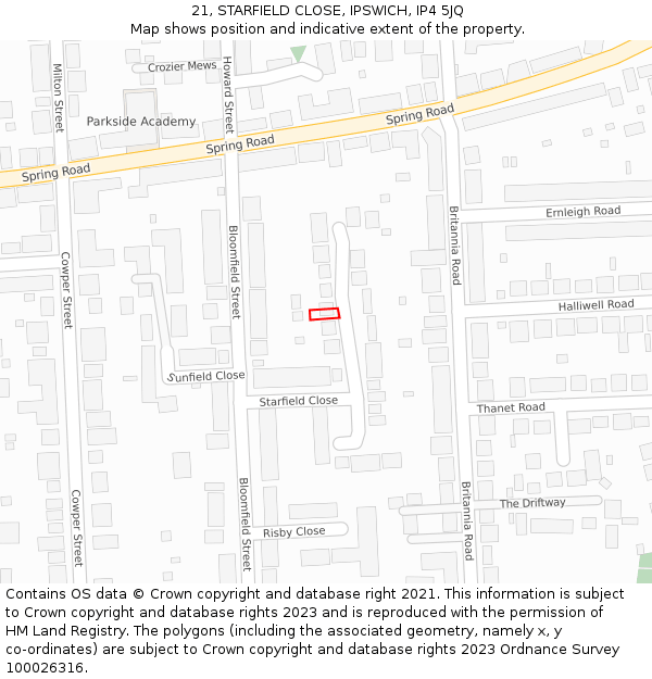 21, STARFIELD CLOSE, IPSWICH, IP4 5JQ: Location map and indicative extent of plot