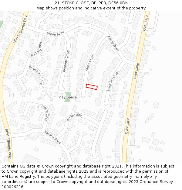 21, STOKE CLOSE, BELPER, DE56 0DN: Location map and indicative extent of plot