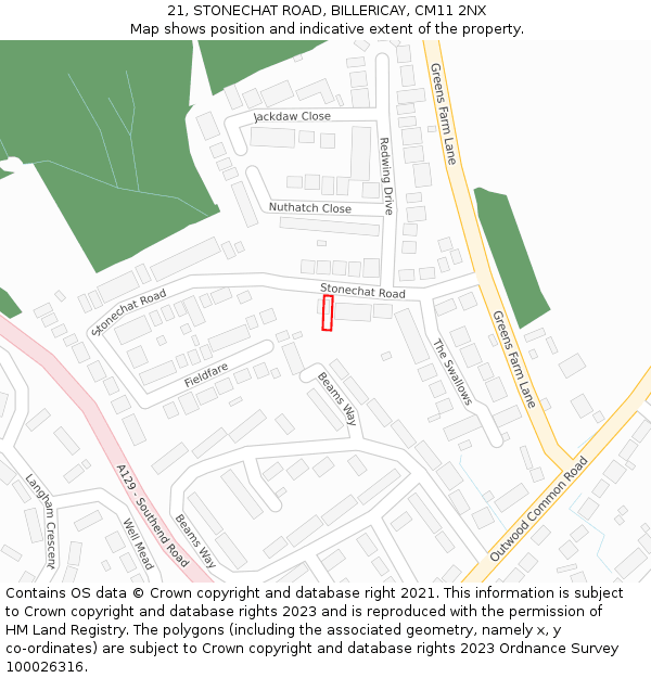 21, STONECHAT ROAD, BILLERICAY, CM11 2NX: Location map and indicative extent of plot