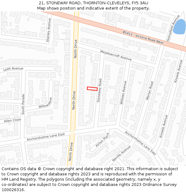 21, STONEWAY ROAD, THORNTON-CLEVELEYS, FY5 3AU: Location map and indicative extent of plot