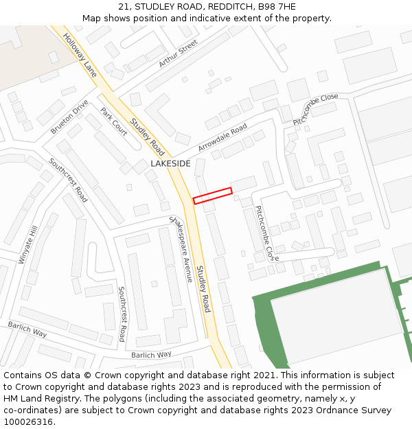 21, STUDLEY ROAD, REDDITCH, B98 7HE: Location map and indicative extent of plot