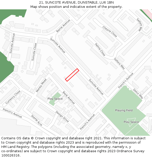 21, SUNCOTE AVENUE, DUNSTABLE, LU6 1BN: Location map and indicative extent of plot