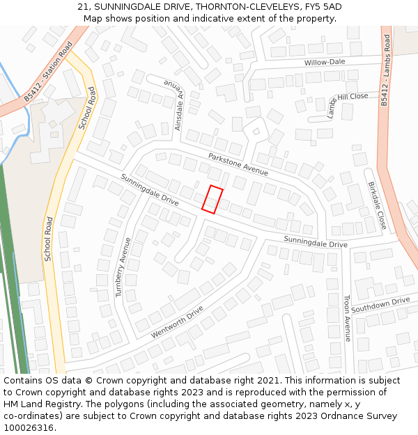 21, SUNNINGDALE DRIVE, THORNTON-CLEVELEYS, FY5 5AD: Location map and indicative extent of plot