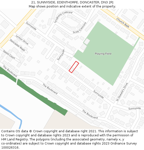 21, SUNNYSIDE, EDENTHORPE, DONCASTER, DN3 2PJ: Location map and indicative extent of plot