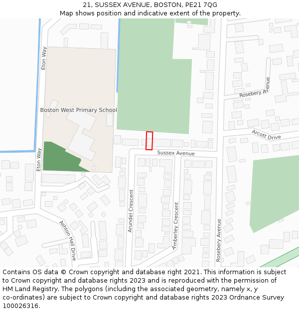 21, SUSSEX AVENUE, BOSTON, PE21 7QG: Location map and indicative extent of plot
