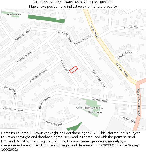 21, SUSSEX DRIVE, GARSTANG, PRESTON, PR3 1ET: Location map and indicative extent of plot