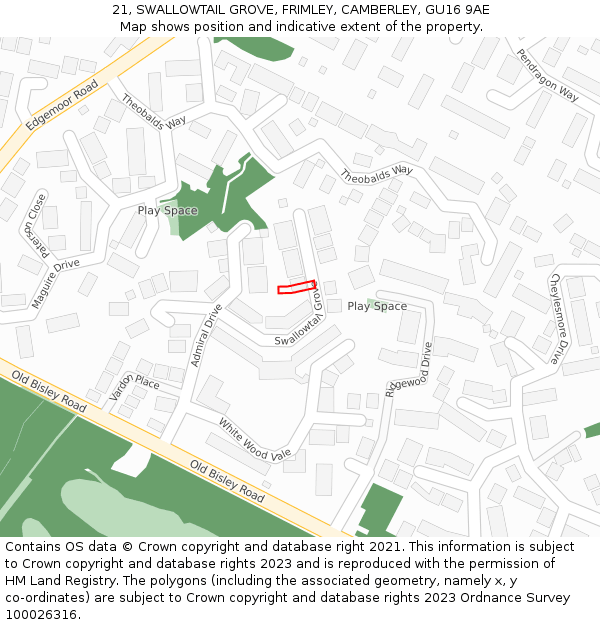 21, SWALLOWTAIL GROVE, FRIMLEY, CAMBERLEY, GU16 9AE: Location map and indicative extent of plot
