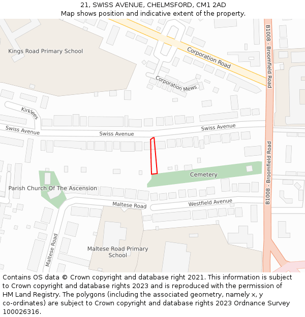 21, SWISS AVENUE, CHELMSFORD, CM1 2AD: Location map and indicative extent of plot
