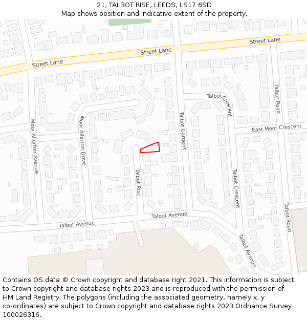 21, TALBOT RISE, LEEDS, LS17 6SD: Location map and indicative extent of plot