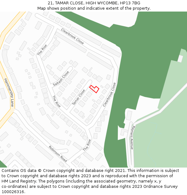 21, TAMAR CLOSE, HIGH WYCOMBE, HP13 7BG: Location map and indicative extent of plot