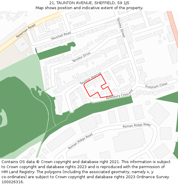 21, TAUNTON AVENUE, SHEFFIELD, S9 1JS: Location map and indicative extent of plot