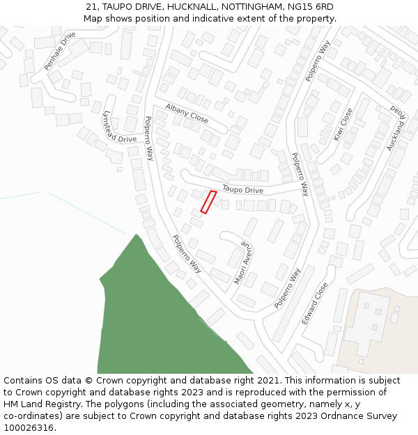 21, TAUPO DRIVE, HUCKNALL, NOTTINGHAM, NG15 6RD: Location map and indicative extent of plot