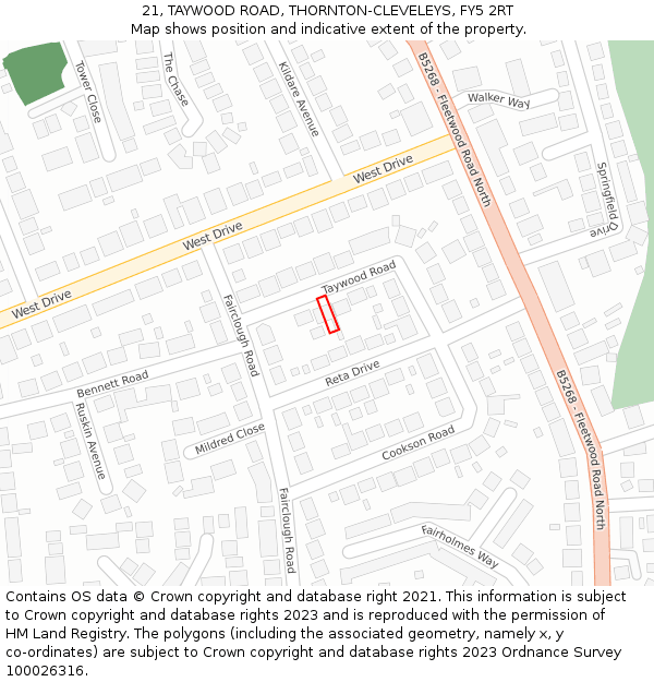 21, TAYWOOD ROAD, THORNTON-CLEVELEYS, FY5 2RT: Location map and indicative extent of plot