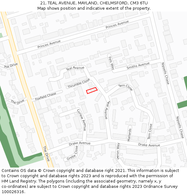 21, TEAL AVENUE, MAYLAND, CHELMSFORD, CM3 6TU: Location map and indicative extent of plot