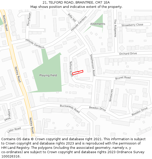 21, TELFORD ROAD, BRAINTREE, CM7 1EA: Location map and indicative extent of plot