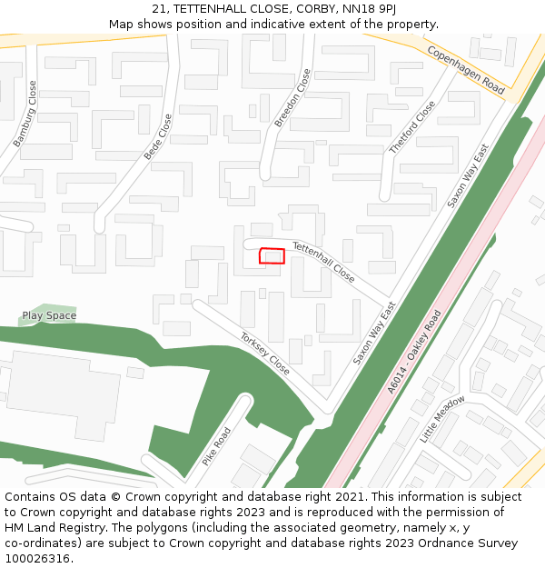 21, TETTENHALL CLOSE, CORBY, NN18 9PJ: Location map and indicative extent of plot