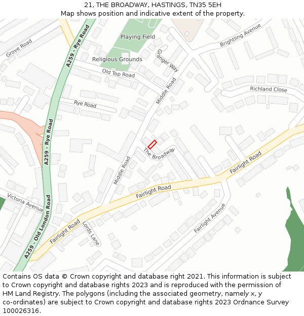 21, THE BROADWAY, HASTINGS, TN35 5EH: Location map and indicative extent of plot