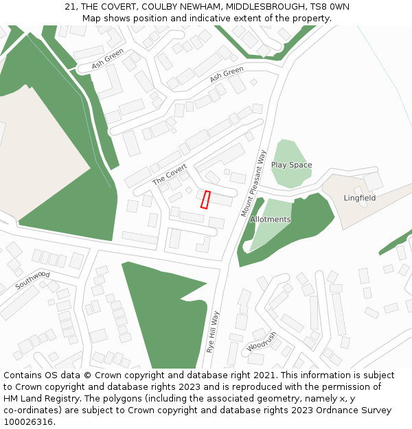 21, THE COVERT, COULBY NEWHAM, MIDDLESBROUGH, TS8 0WN: Location map and indicative extent of plot