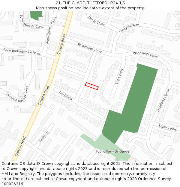 21, THE GLADE, THETFORD, IP24 1JS: Location map and indicative extent of plot