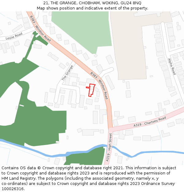 21, THE GRANGE, CHOBHAM, WOKING, GU24 8NQ: Location map and indicative extent of plot